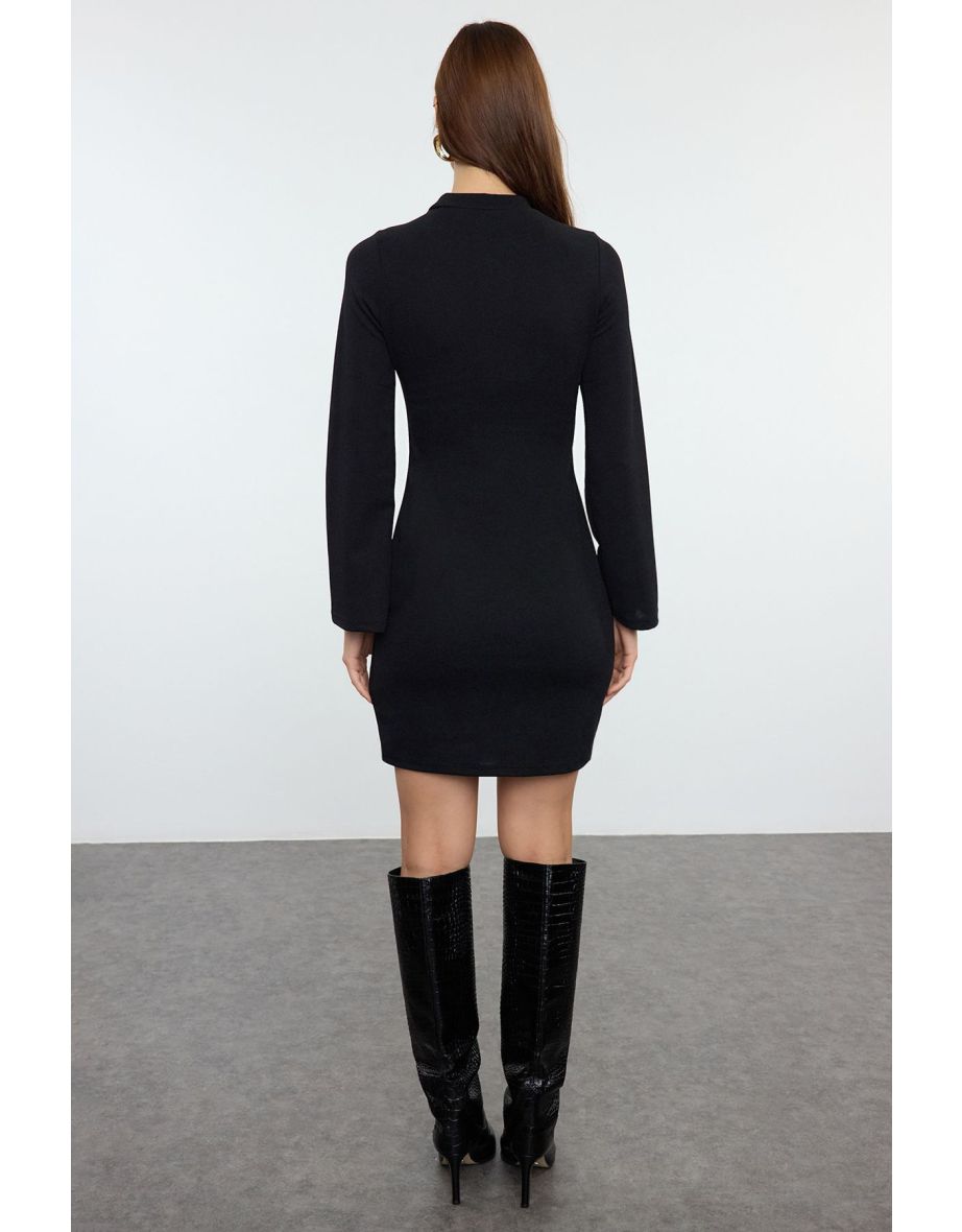 Black Straight Fitted High Collar Spanish Sleeve Mini Knitted Pencil Dress - 4