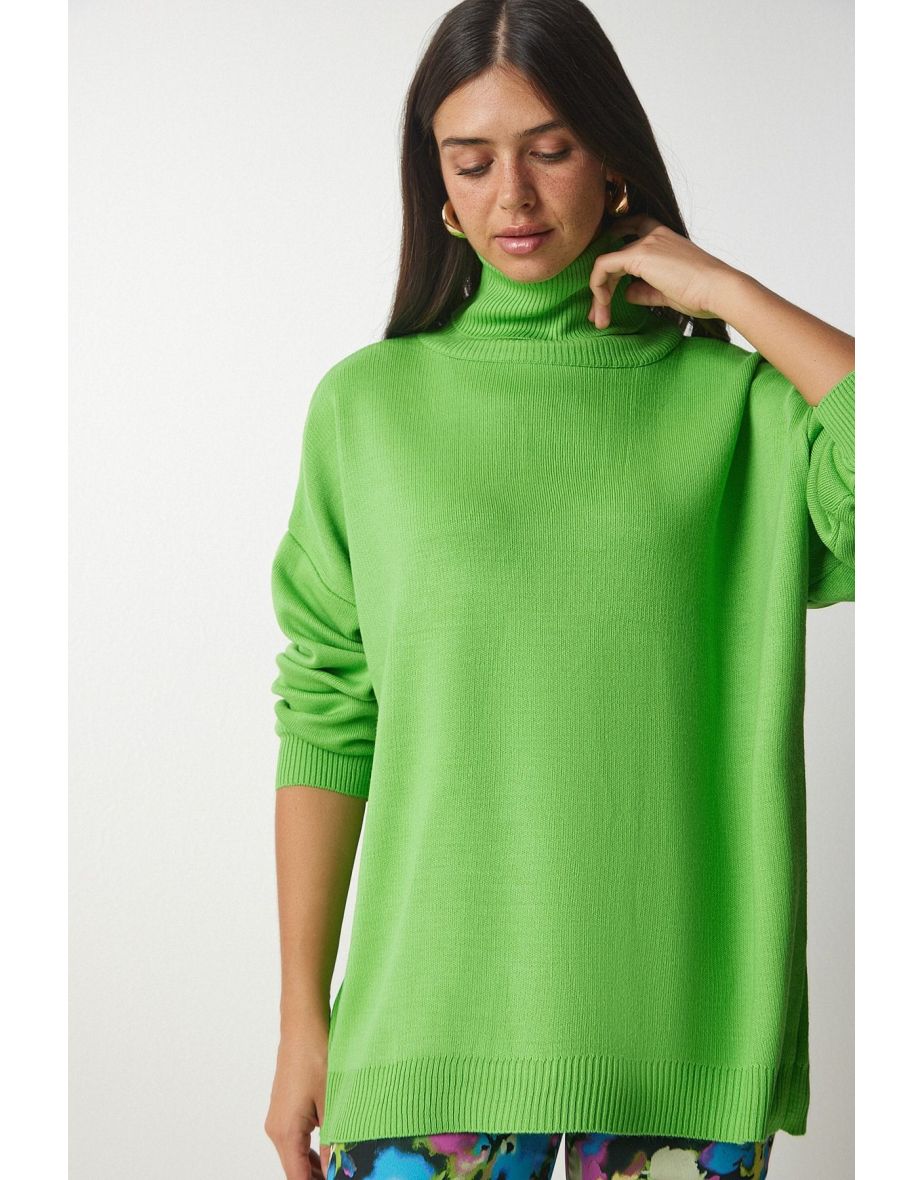 Women's Light Green Turtleneck Oversize Knitwear Sweater