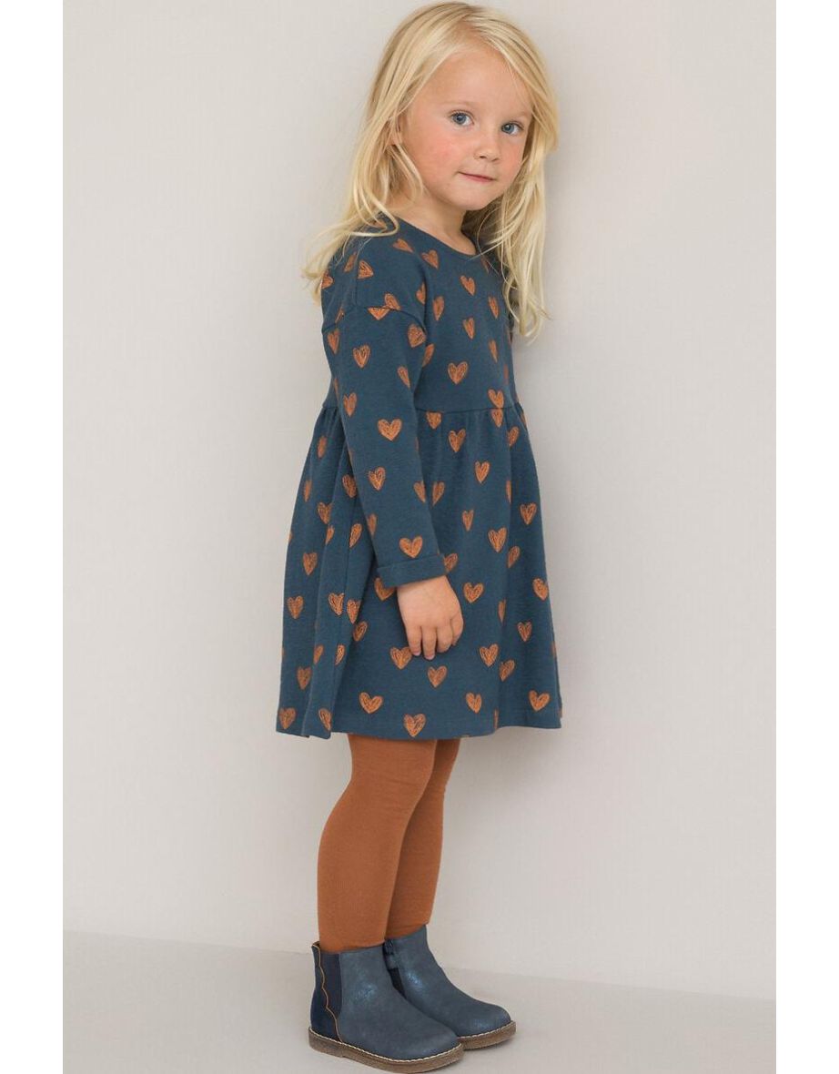 Heart Print Cotton Dress with Long Sleeves