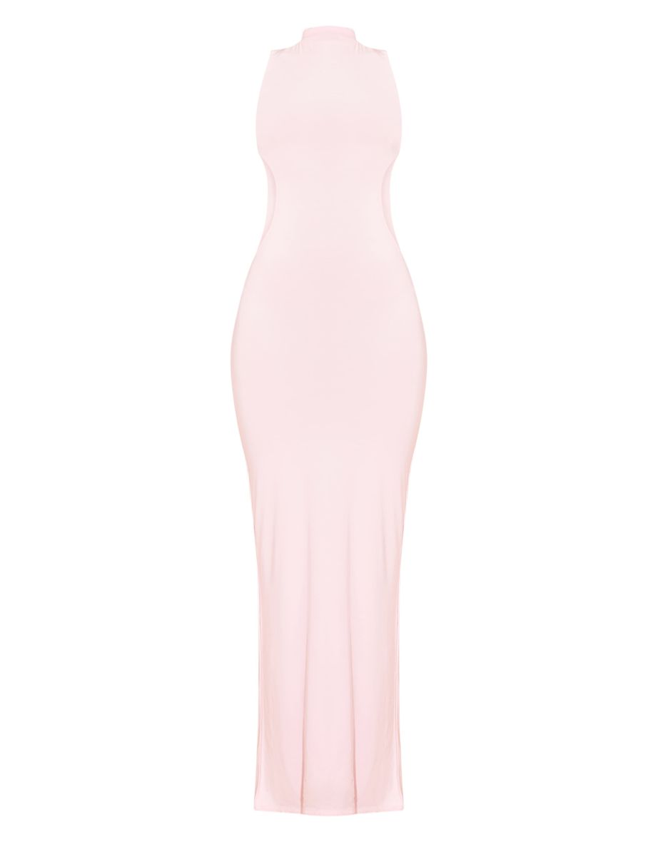 Baby Pink Slinky Extreme Cross Back Trim Detail Maxi Dress - 4
