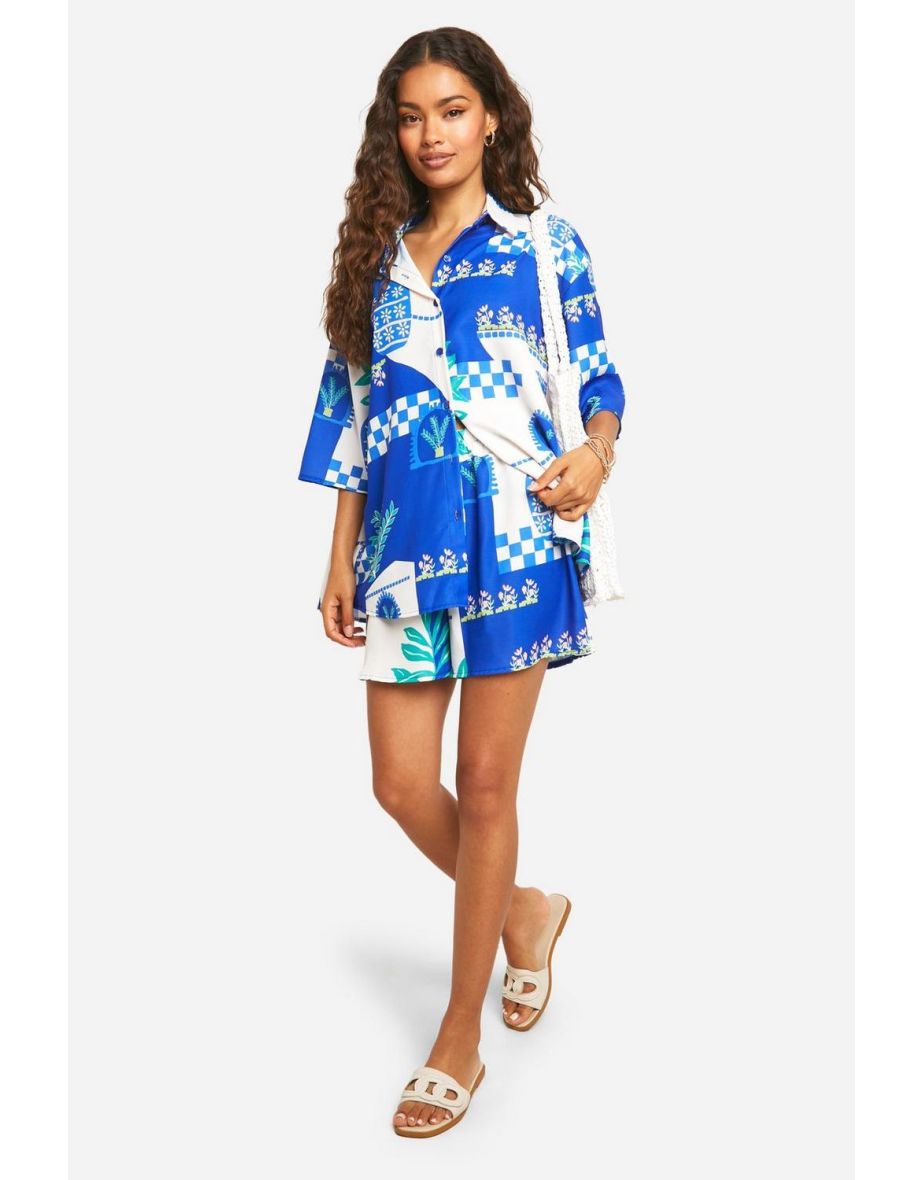 Hammered Boho Print Oversized Shirt & Shorts Set