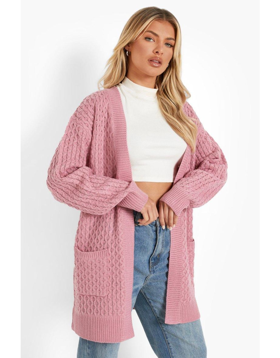 Cable Cardigan With Pockets - rose