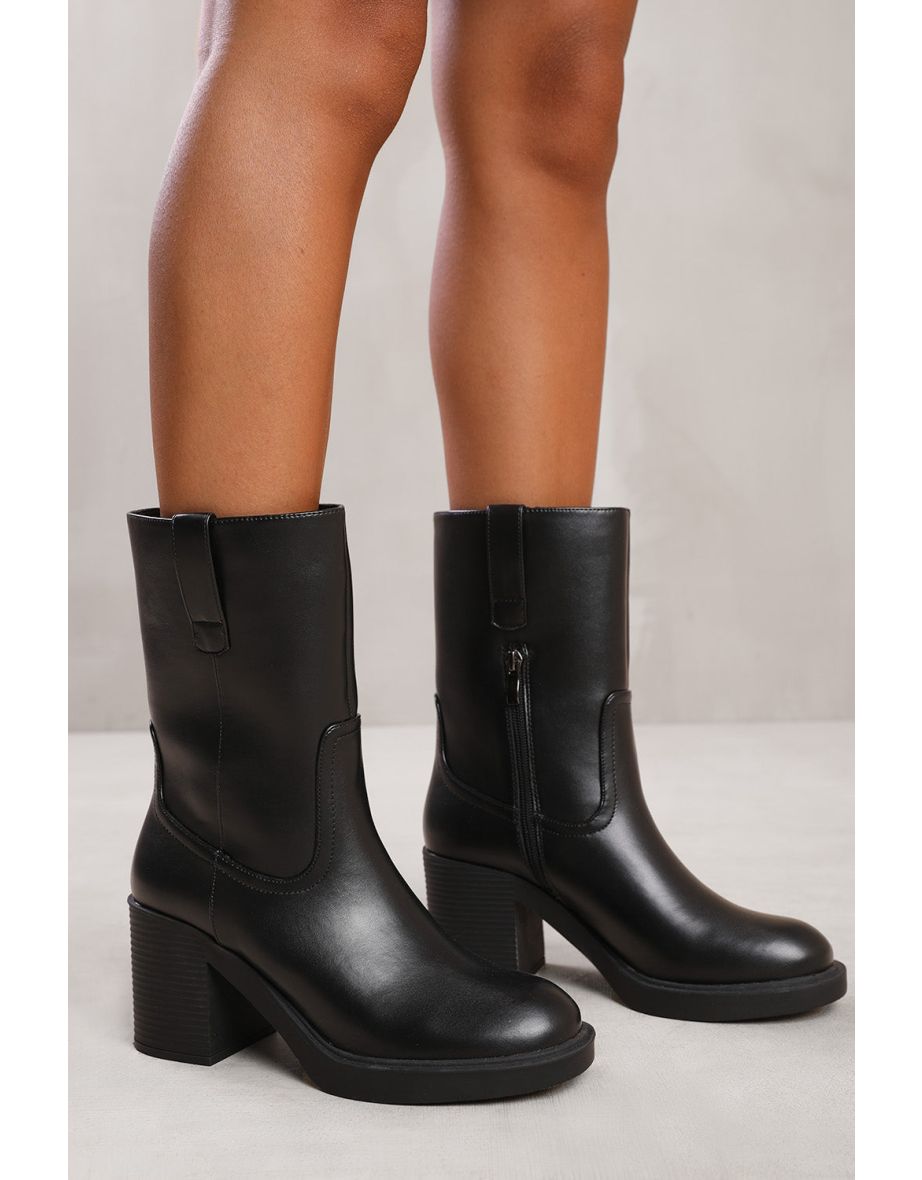 CHERISH MID CALF BOOT WITH SIDE ZIP IN BLACK FAUX LEATHER