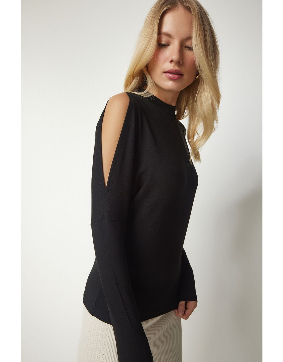 Women's Black High Collar Off-the-Shoulder Knitwear Blouse