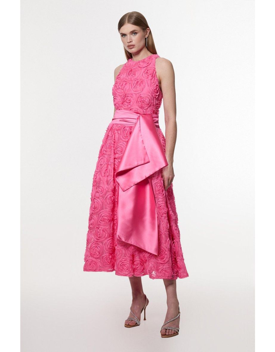 Romantic Rosette Texture Woven Prom Midi Dress