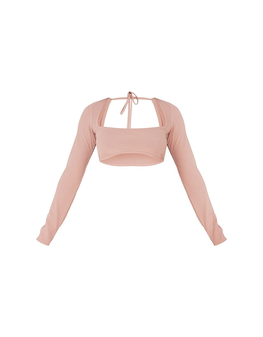 Petite Stone Cropped Long Sleeve Textured Crop Top - 4