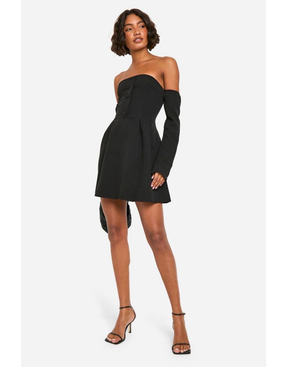 Tall A-Line Bardot Long Sleeve Mini Dress - black