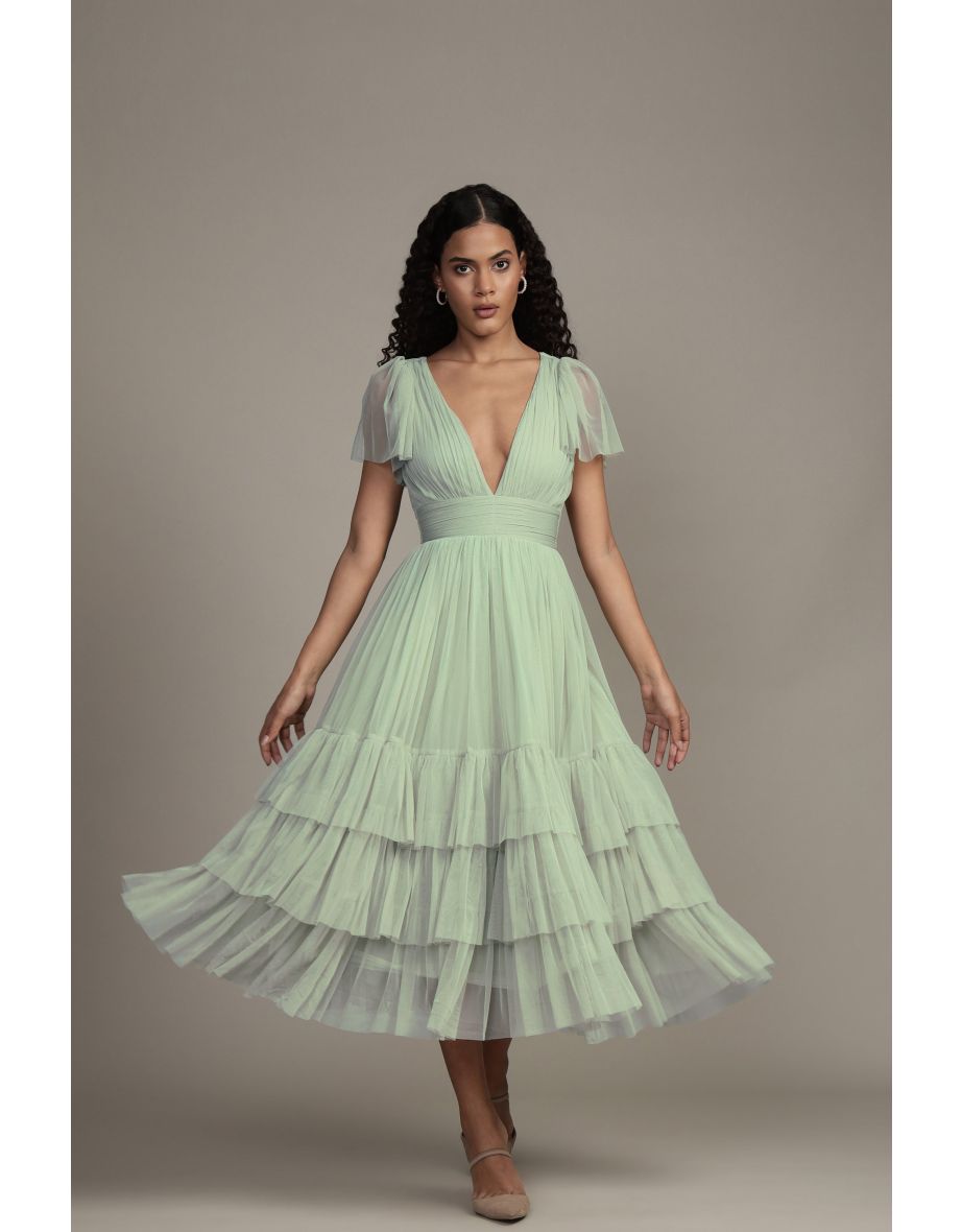 Madison Sage Green Tulle Bridesmaid Midaxi Dress