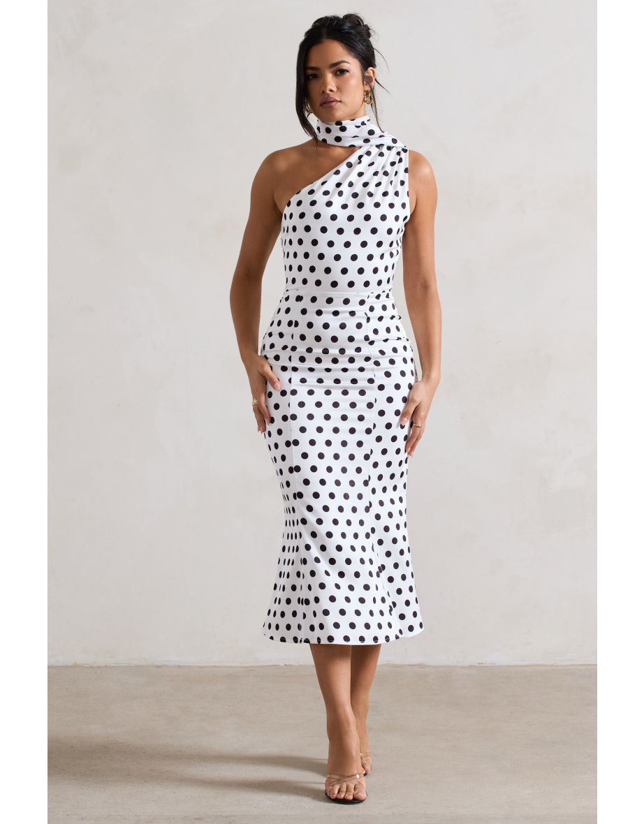 Golden Girl | White Polka Dot Asymmetric High-Neck Flared Dress - 4