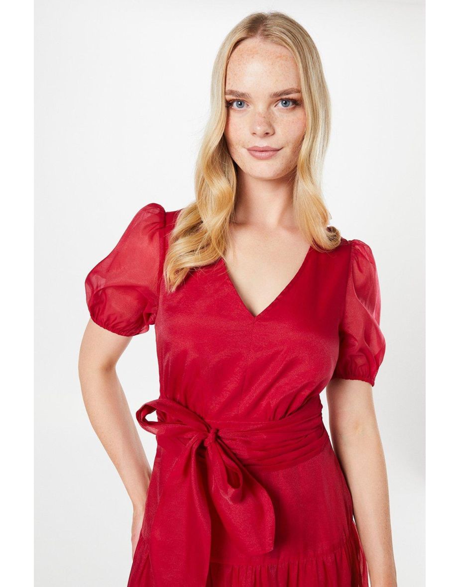 Organza Puff Sleeve Pintuck Midi Dress - 3