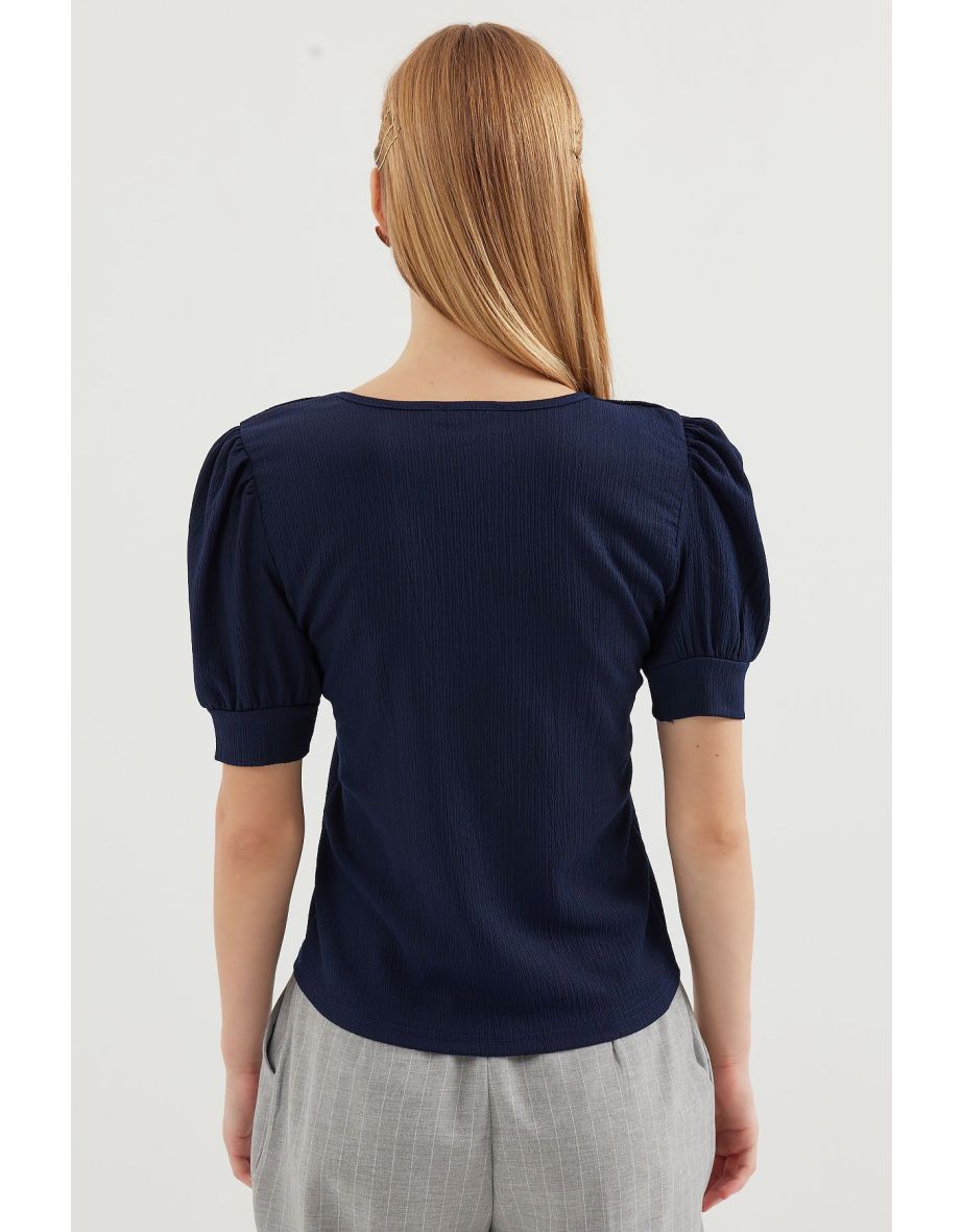 Square Neck Knitted Blouse - Navy Blue - 4