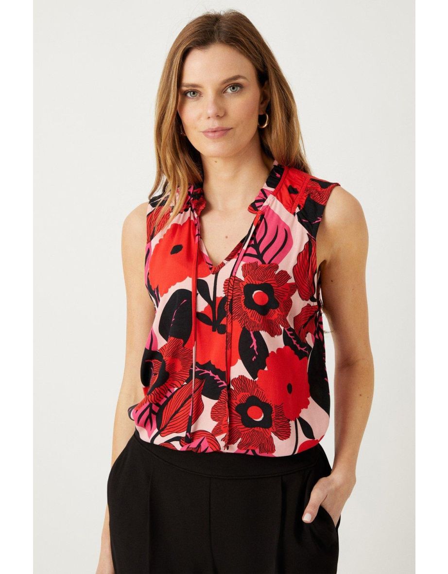 Red Floral Sleeveless Shell Top