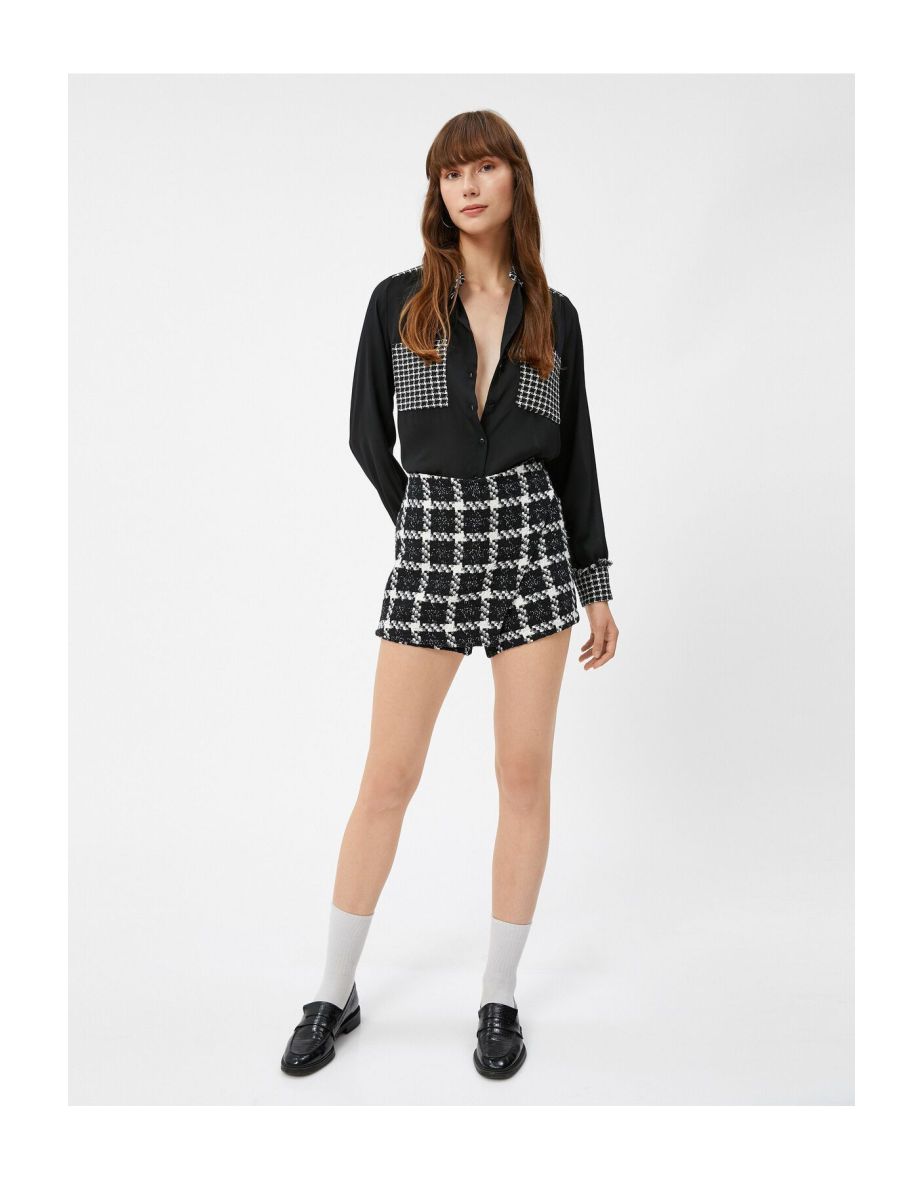 Chiffon Shirt Crowbar Pattern Tweed Pocket Detailed Long Sleeved Buttoned.