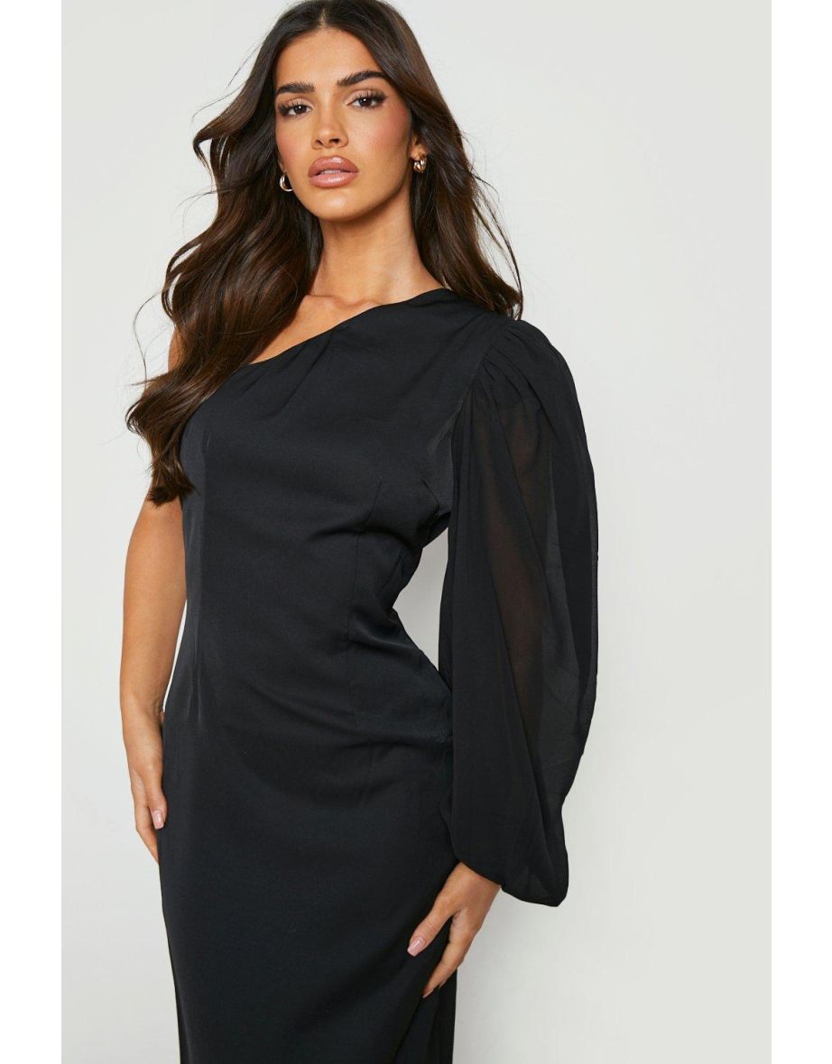 Chiffon Sleeve Asymmetric Maxi Dress - black - 3
