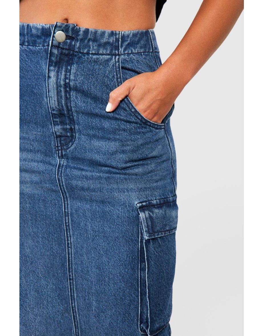 Tall Cargo Pocket Split Back Midaxi Denim Skirt - dark wash - 3