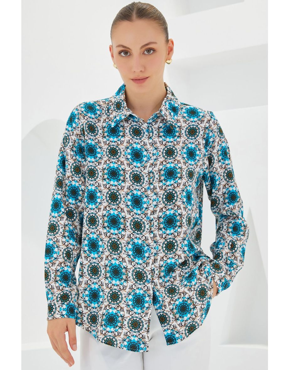 Women's Blue and White Graphic Patterned Viscose Shirt