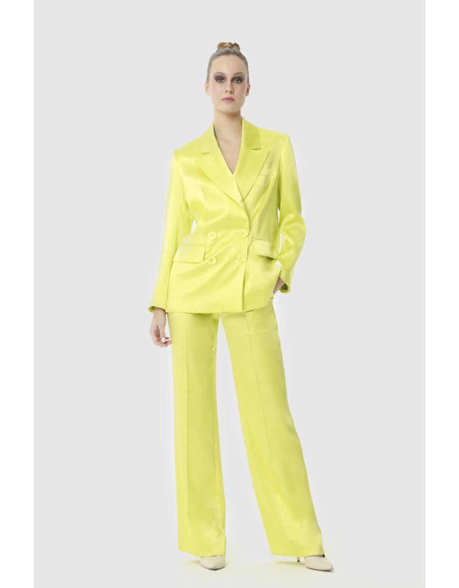 Shiny Satin Fabric Green Suit With Double-breasted Closed Blazer Jacket