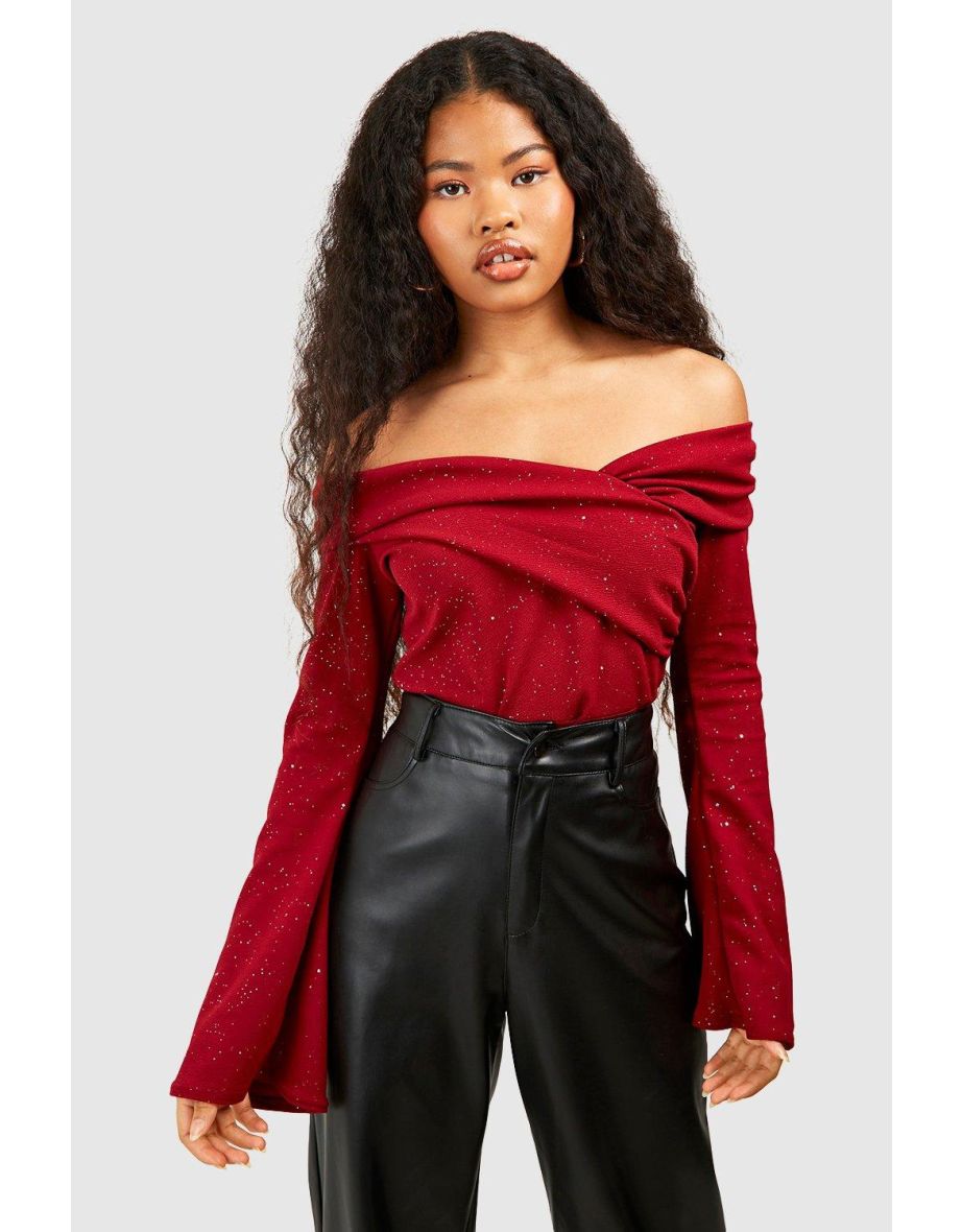 Petite Glitter Bardot Bodysuit - berry