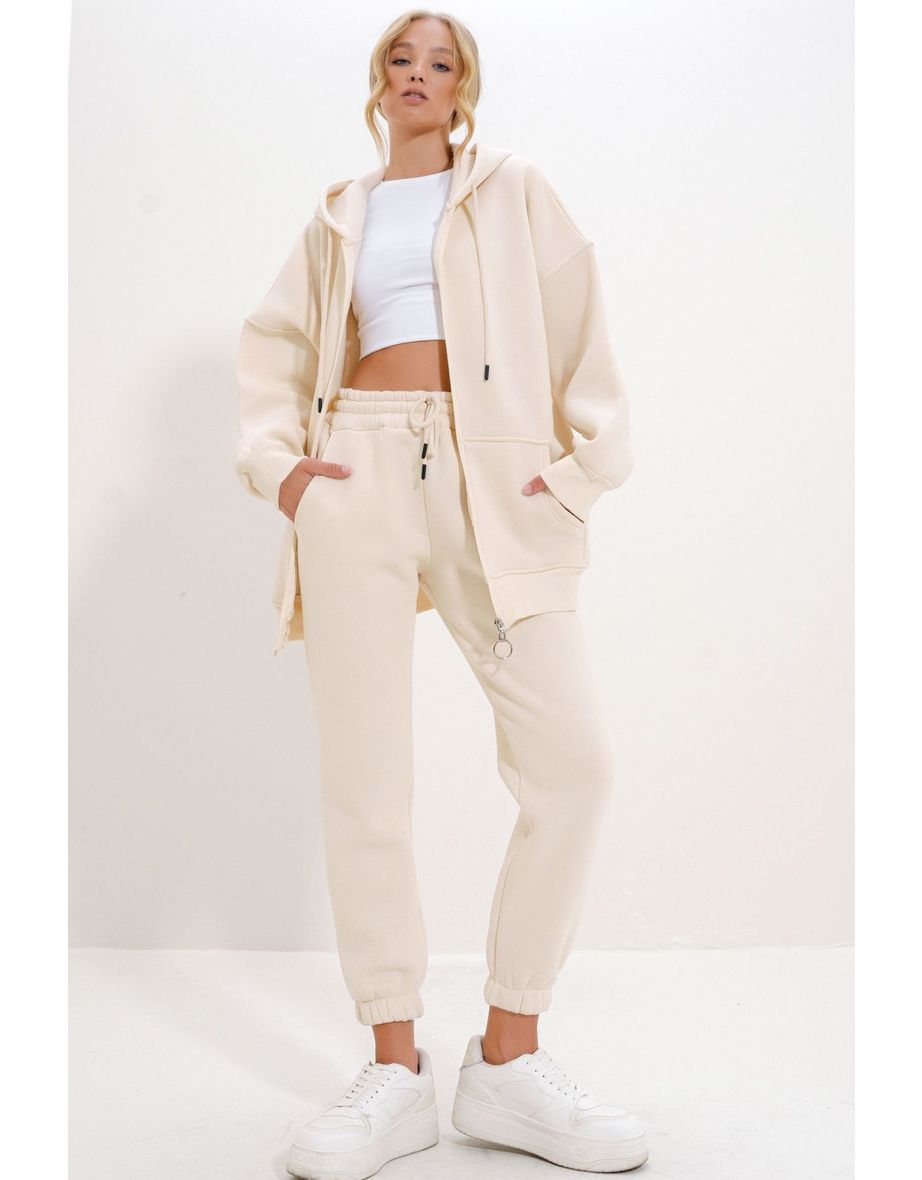 Women's Cream Hooded Kangaroo Pocket 3 Yarn Inside Raised Tracksuit
