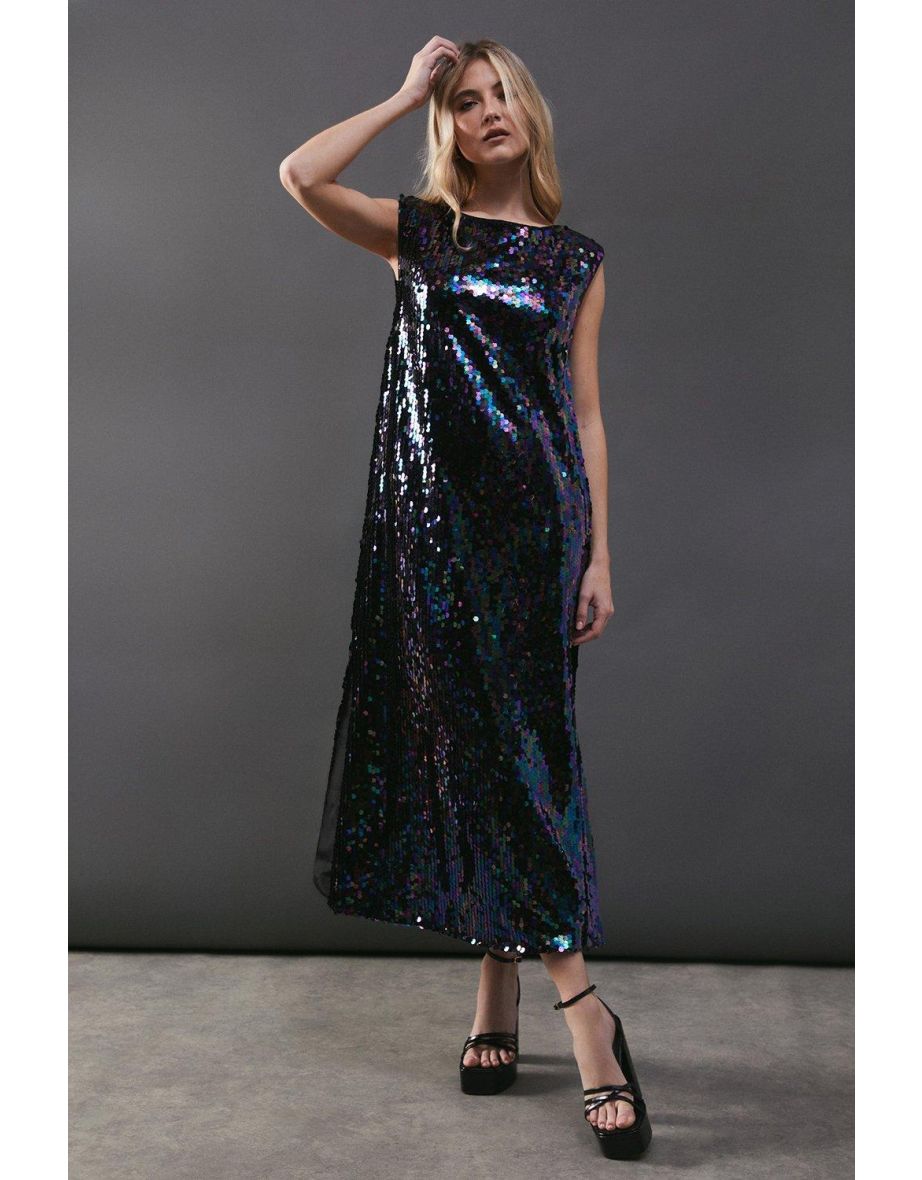 Sequin Shoulder Pad Sleeveless Dress