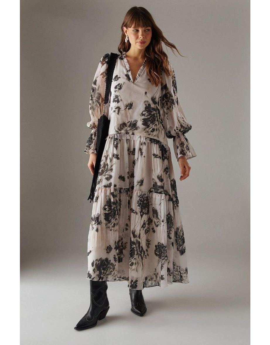 Printed Premium Raw Edge Georgette Tiered Maxi Dress