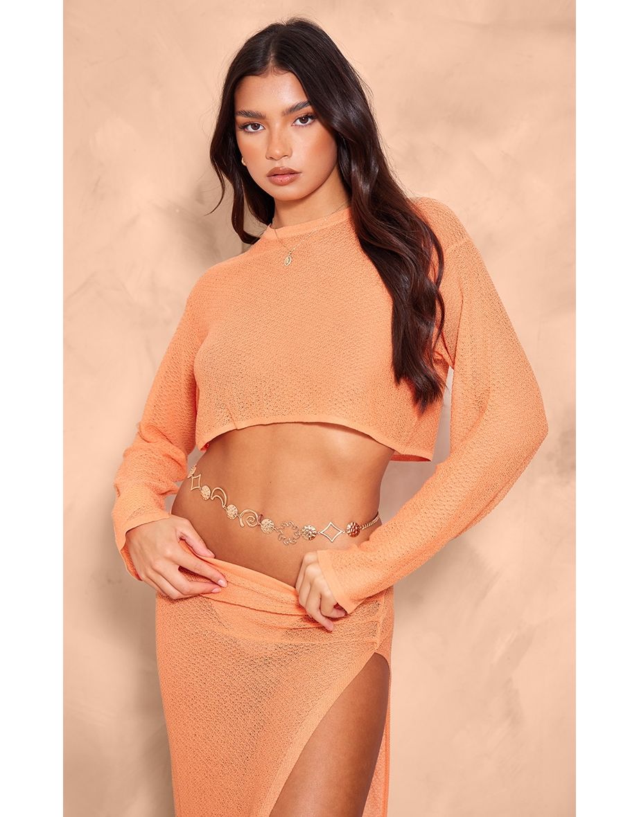 Orange Textured Sheer Knit Floaty Long Sleeve Crop Top
