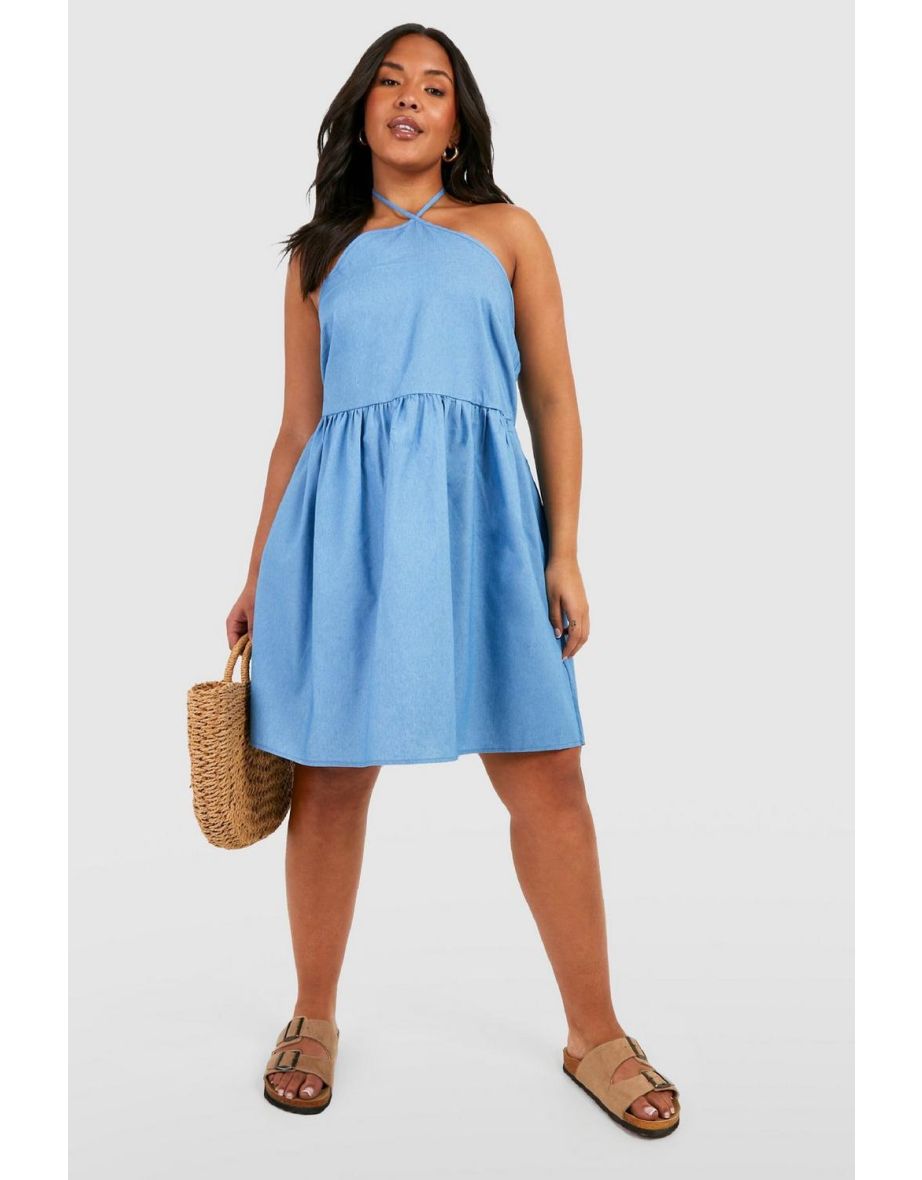 Shop Plus Chambray Halterneck Swing Dress light blue Online in Bahrain VogaCloset