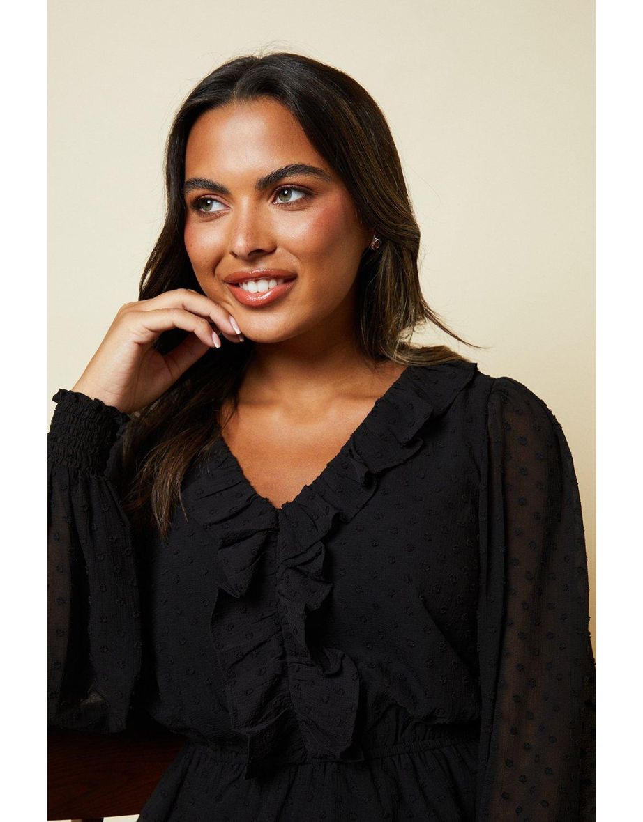 Ruffle Front Long Sleeve Dobby Chiffon Blouse - 3