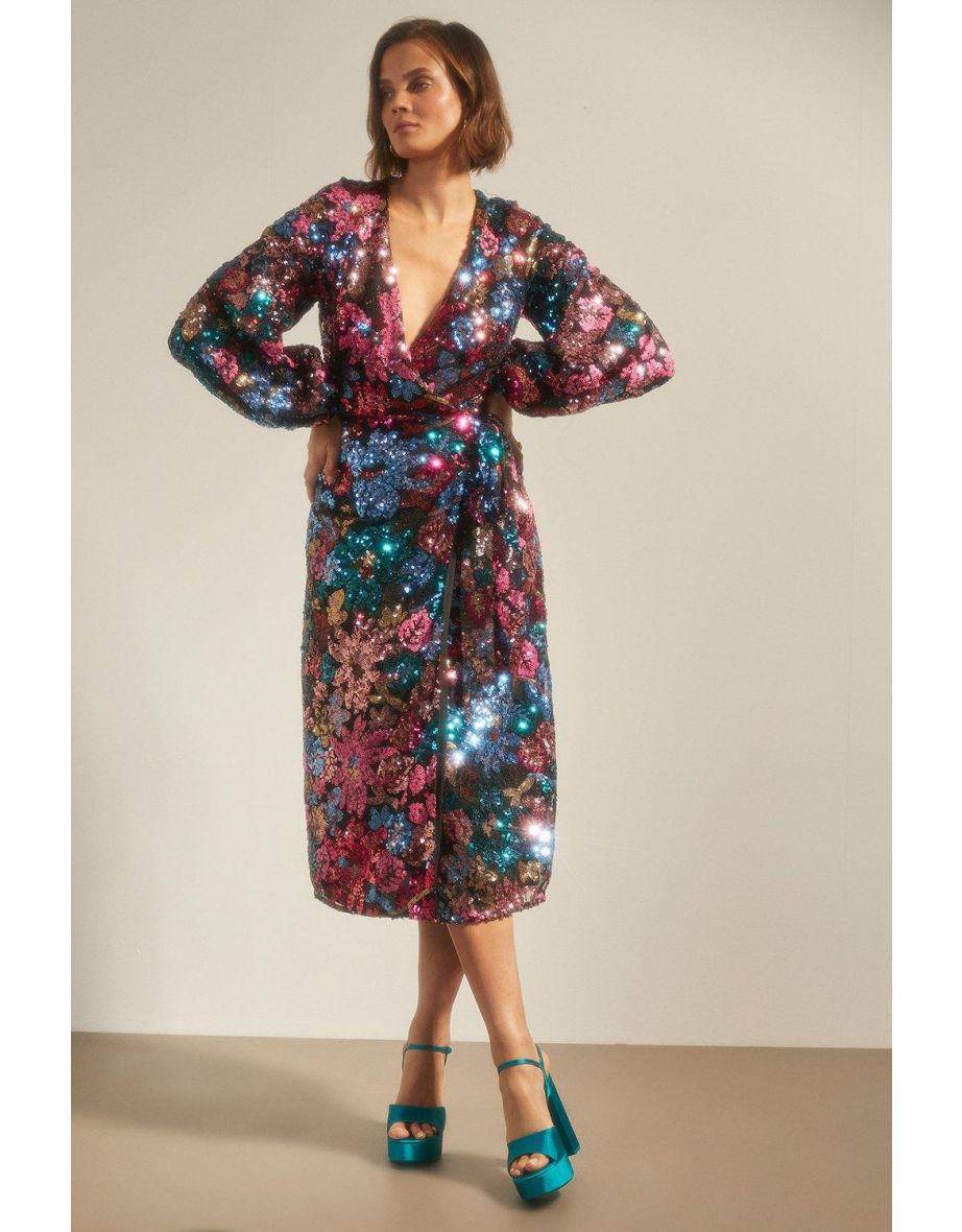 Colour Pop Sequin Floral Wrap Midi Dress