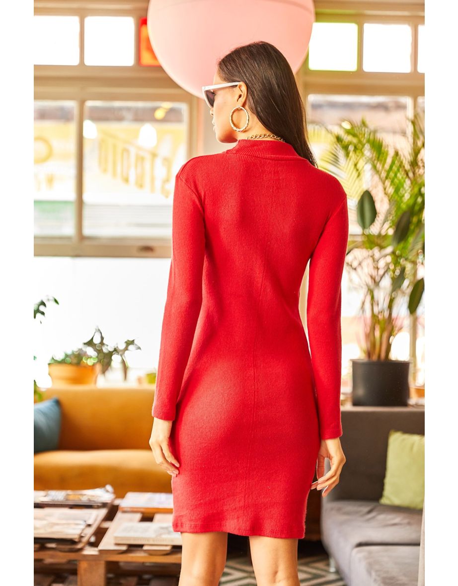 Women's Red Lycra Raised Camisole Dress - 4