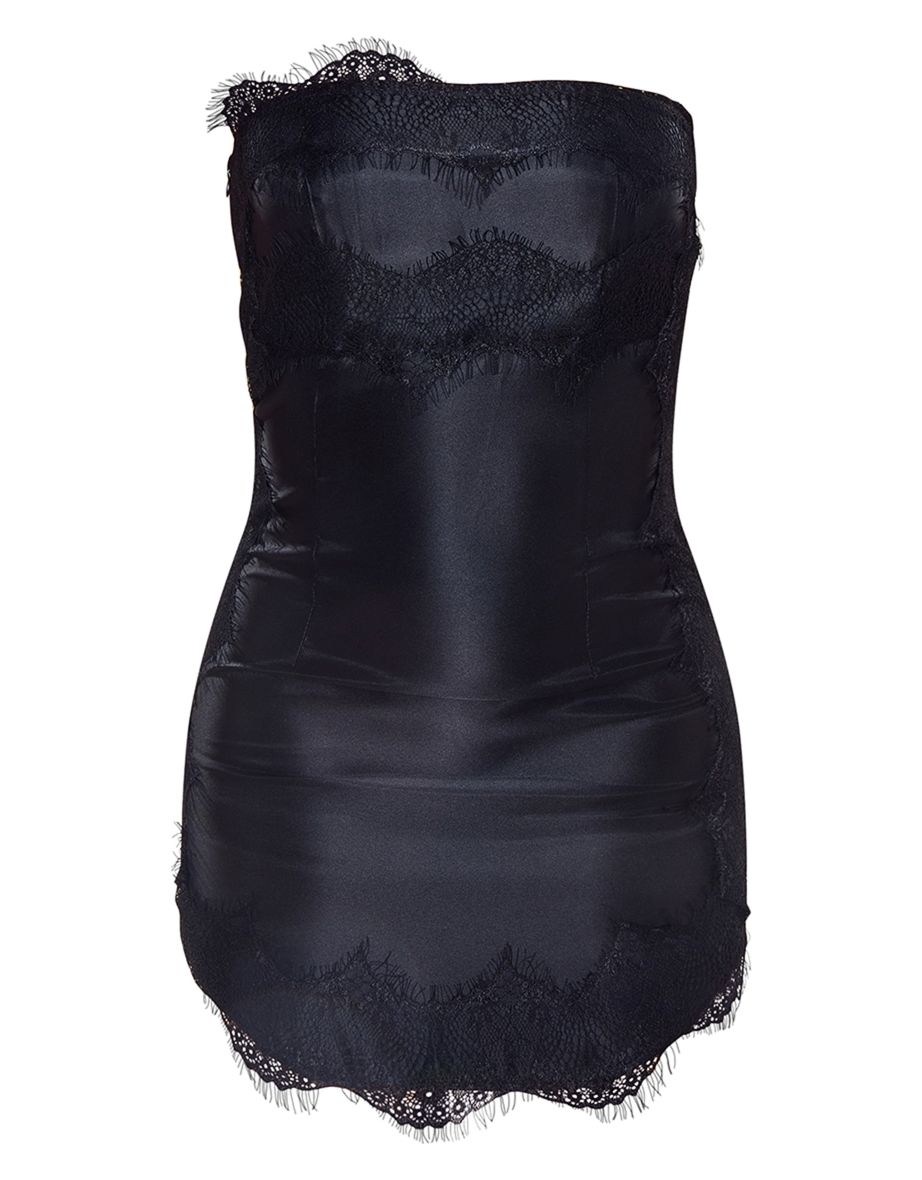 Black Lace Trim Satin Tailored Bandeau Bodycon Dress - 4