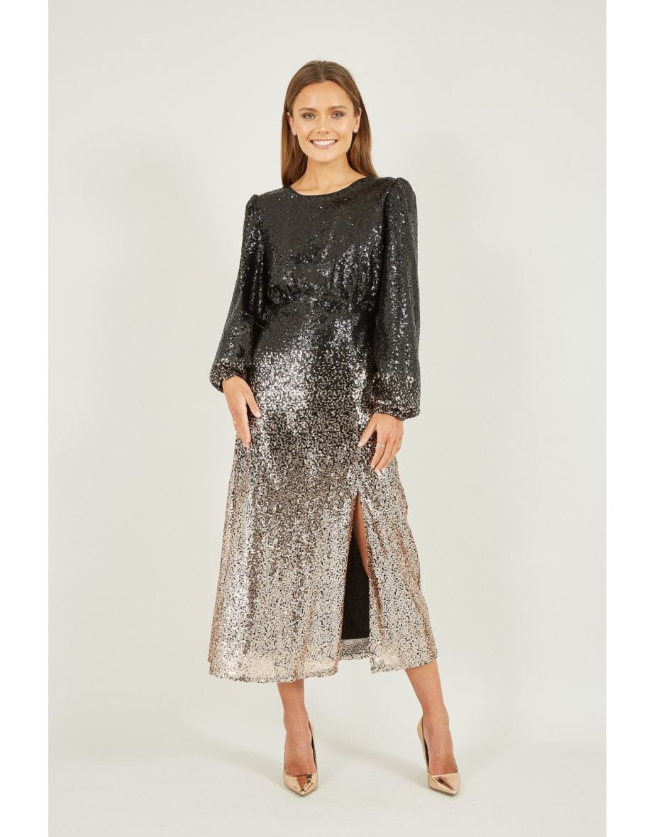 Yumi Black And Gold Sequin Ombre Long Sleeve  Dress