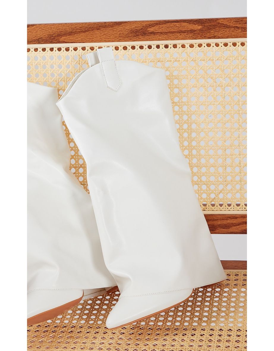 White Wide Fit Pu Point Toe Fold Over High Heeled Calf High Boots - 3