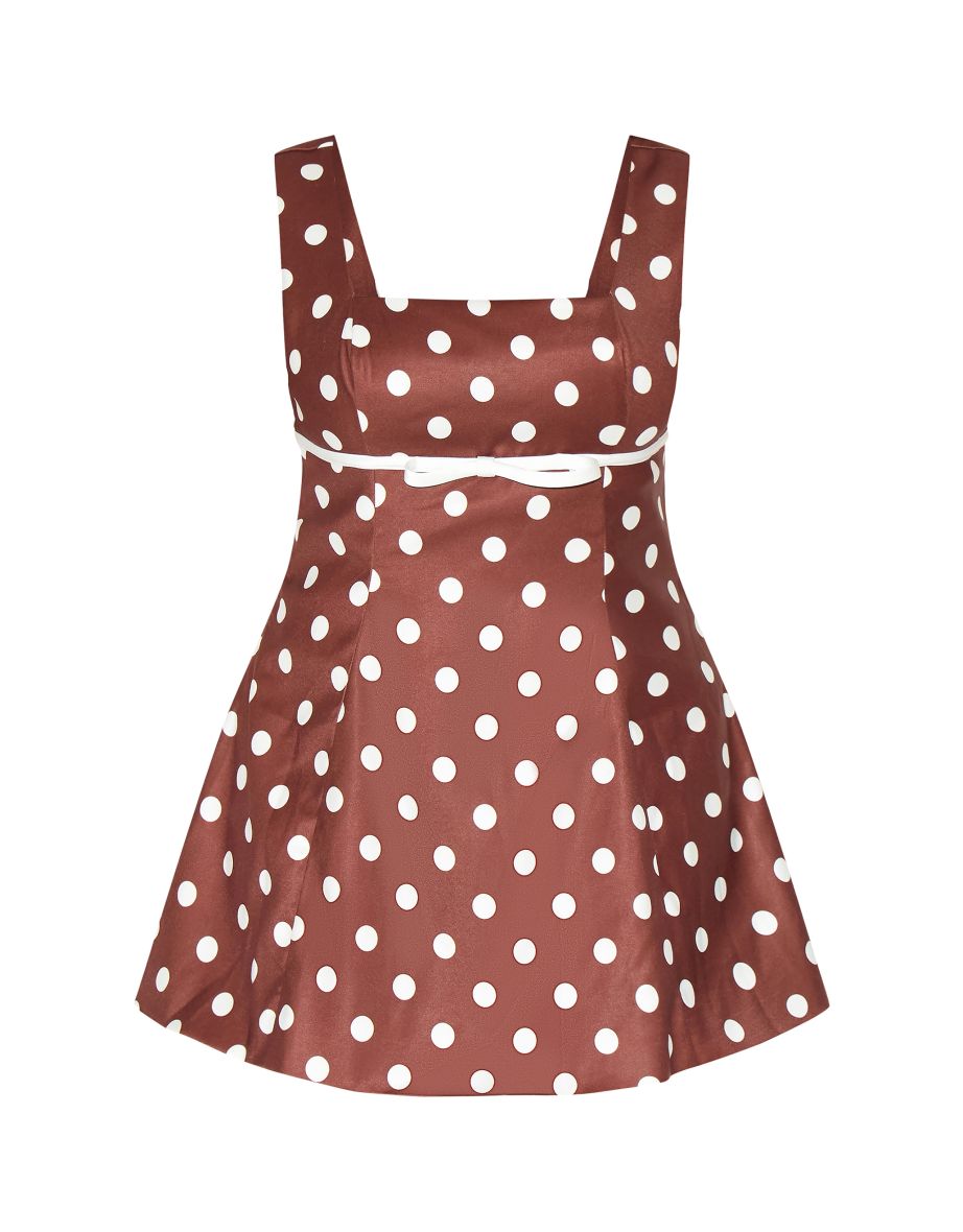 Shape Chocolate Polka Dot Square Neck Bow Detail A-line Mini Dress - 4