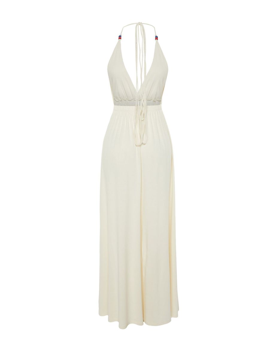 Ecru Maxi Knitted Beaded Accessory Beach Dress - 8
