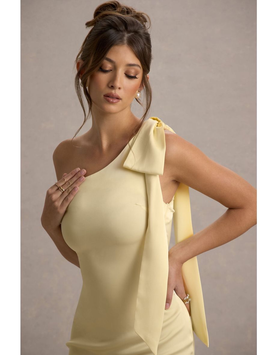 Here For Love | Lemon Satin Asymmetric Maxi Dress With Bow - 5