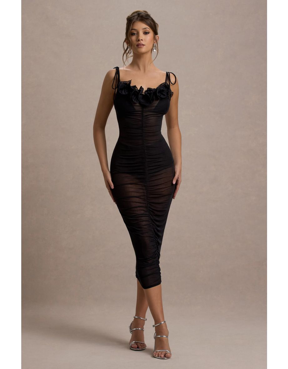 Jesi | Black Mesh Ruched Midi Dress With Ruffles