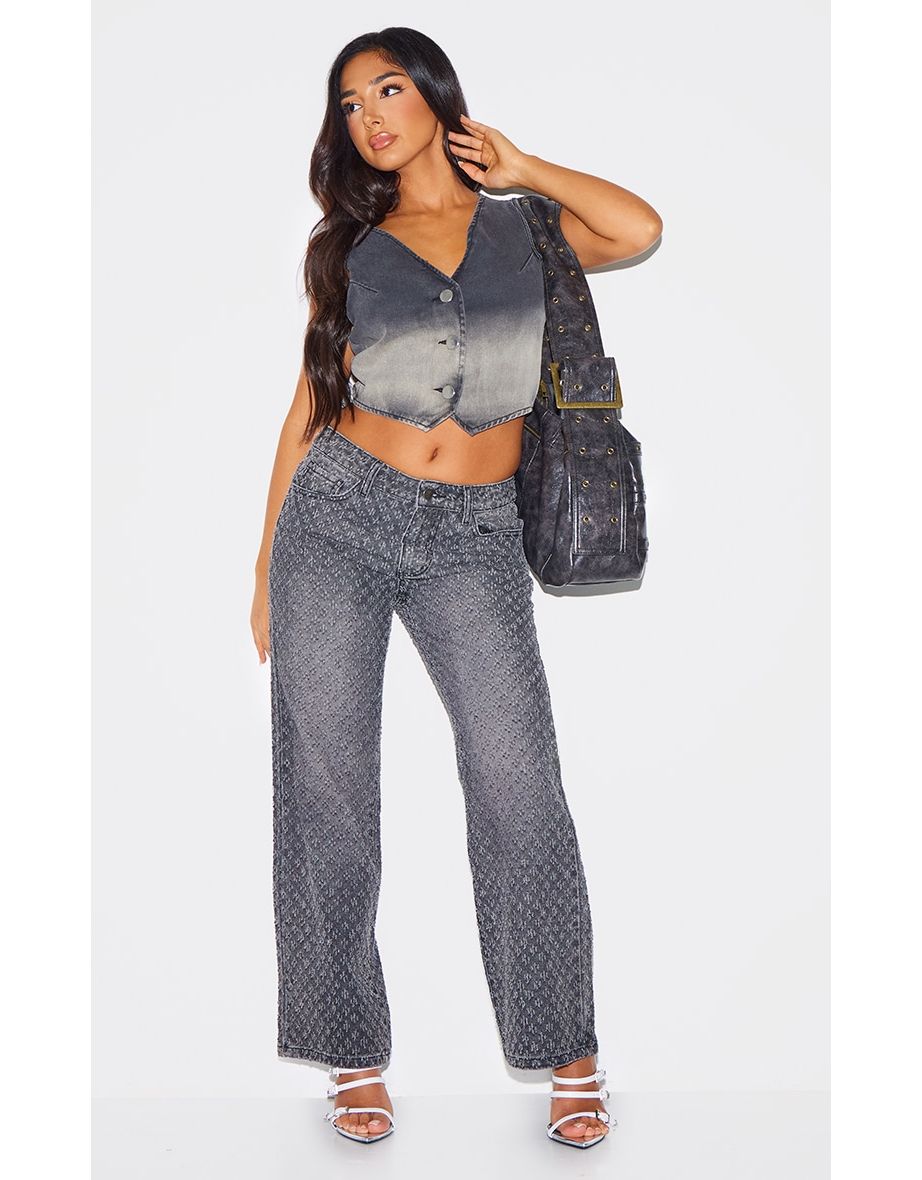 Petite Black Textured Straight Leg Jeans