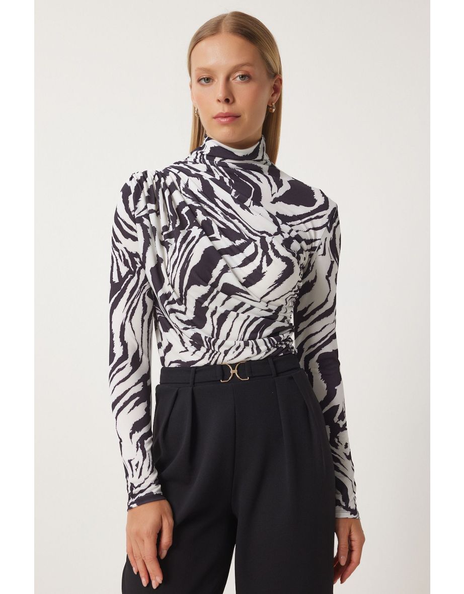 Women's Black and White Gather Detailed Stand Collar Sandy Blouse