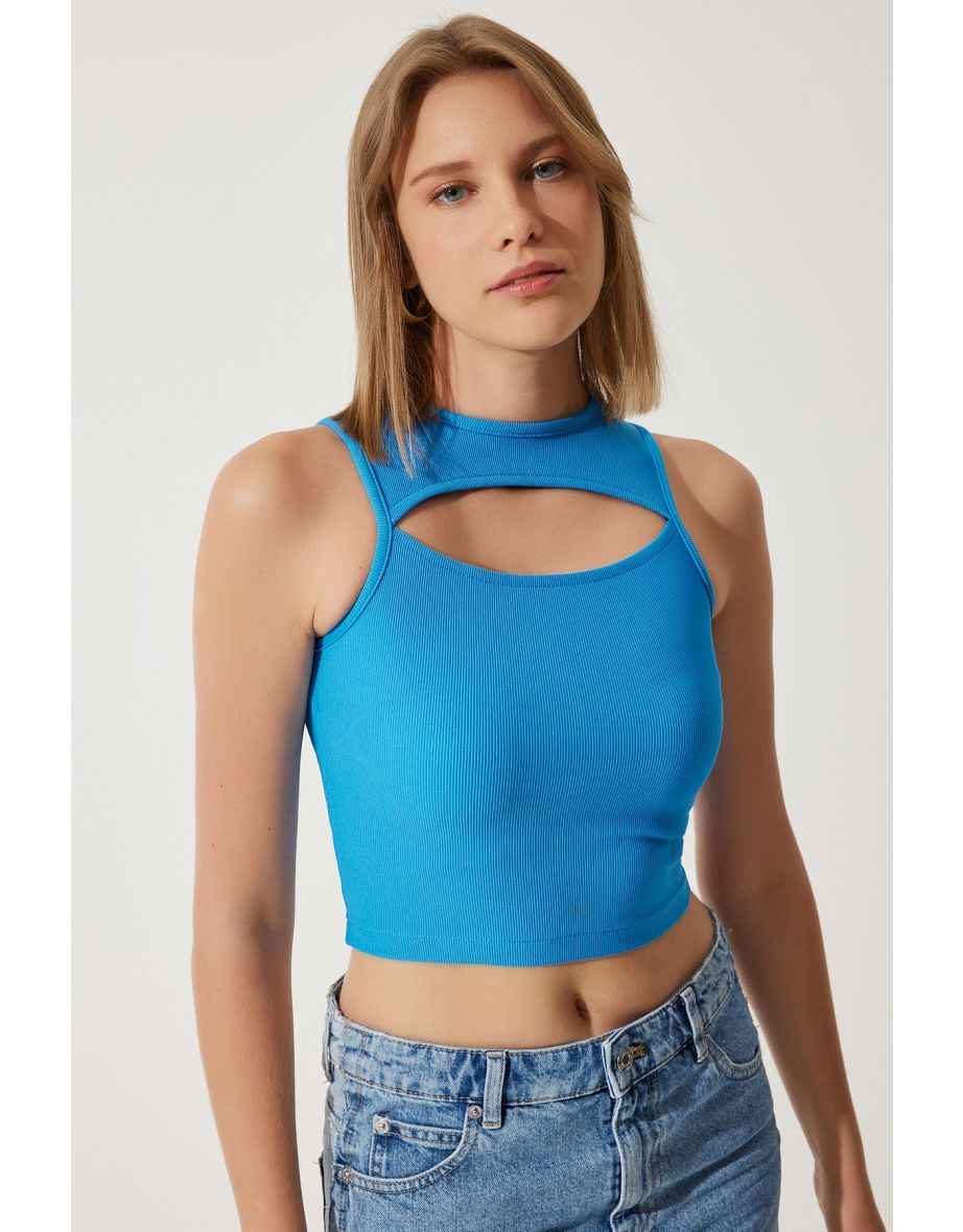 Women's Blue Cut Out Detailed Corded Crop Knitted Blouse