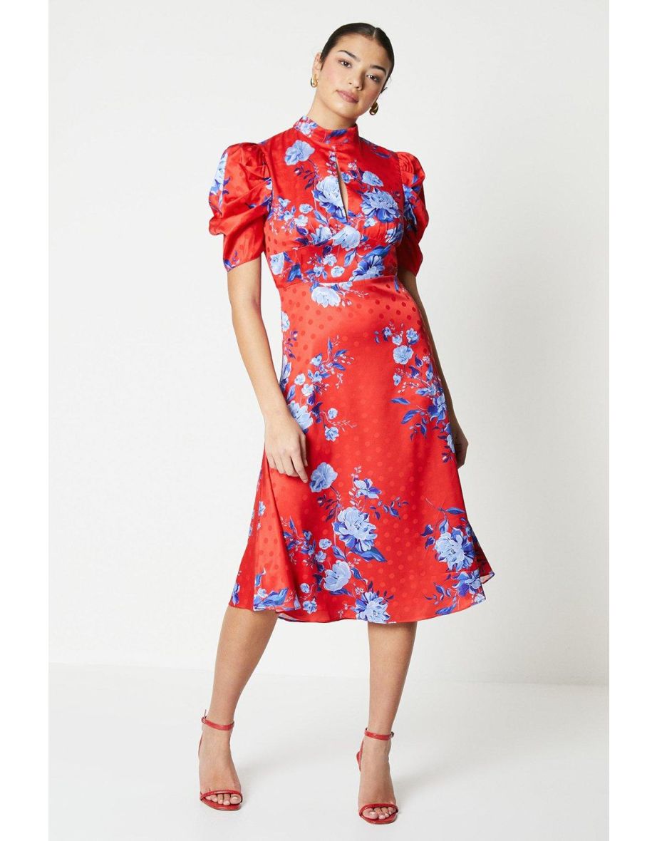 High Neck Puff Sleeve Midi Dress