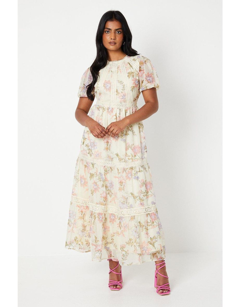 Ivory Paisley Chiffon Trim Insert Puff Sleeve Midaxi Tea Dress