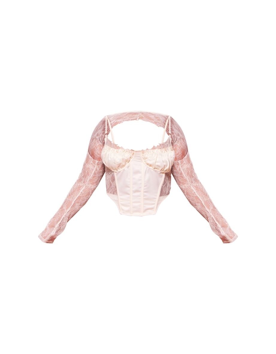 Plus Cream Lace Satin Insert Sleeve Detail Corset - 4