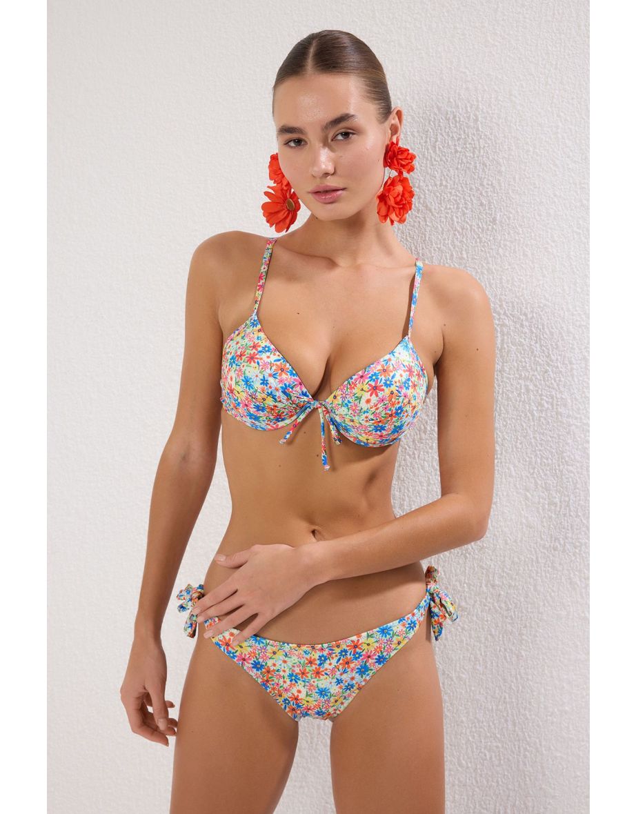 Multicolored Floral Patterned Blue Balconette Push Up Bikini Top