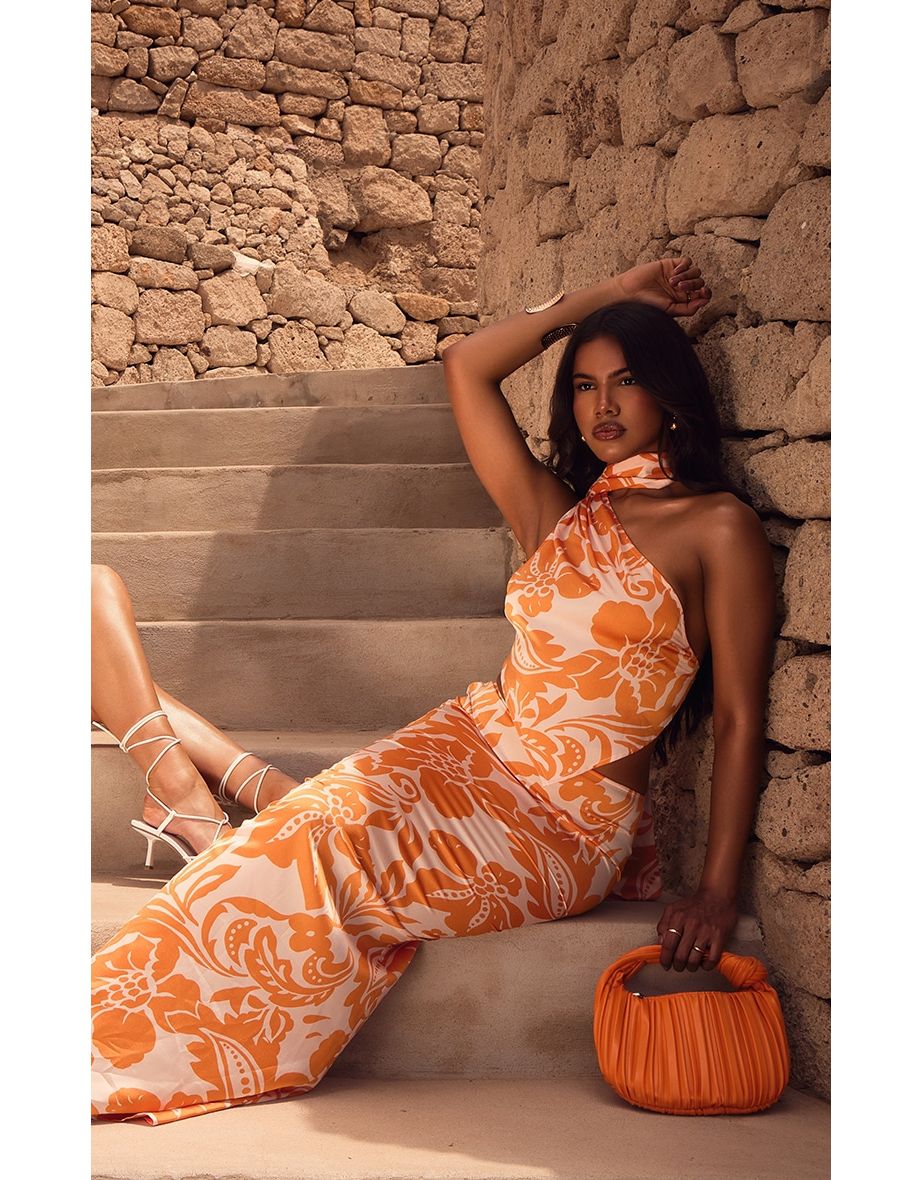 Orange Floral Printed Satin Scarf Detail Halterneck Crop Top