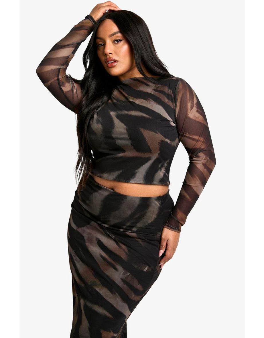 Plus Animal Print Slash Neck Top & Maxi Skirt Co Ord - brown - 3