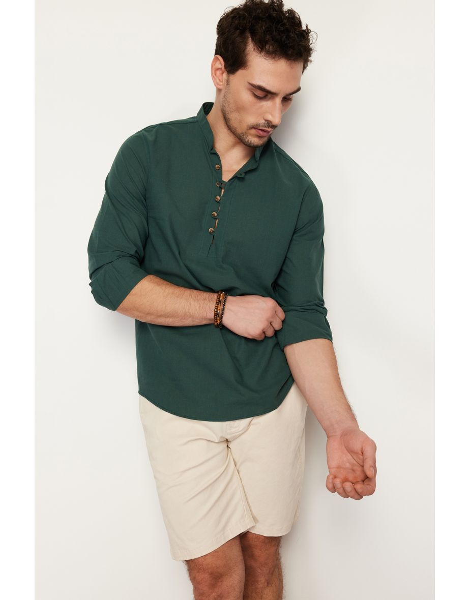 Dark Green Slim Fit Half-Plack Magnetic Collar 100% Cotton Shirt
