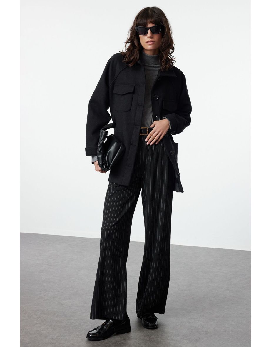 Black Oversize Stamp Shacket Slim Jacket Coat