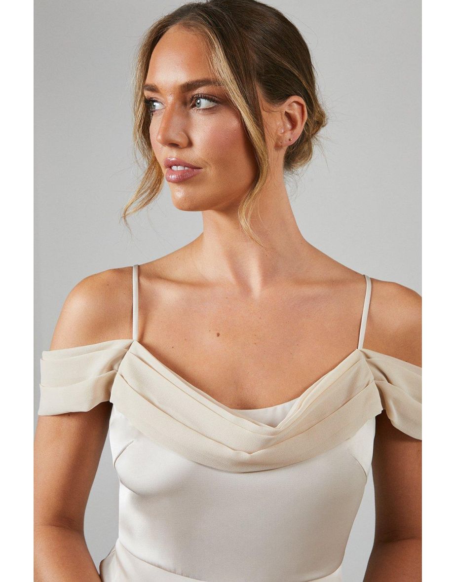 Cowl Neck Cold Shoulder Satin Bridesmaids Dress - 3