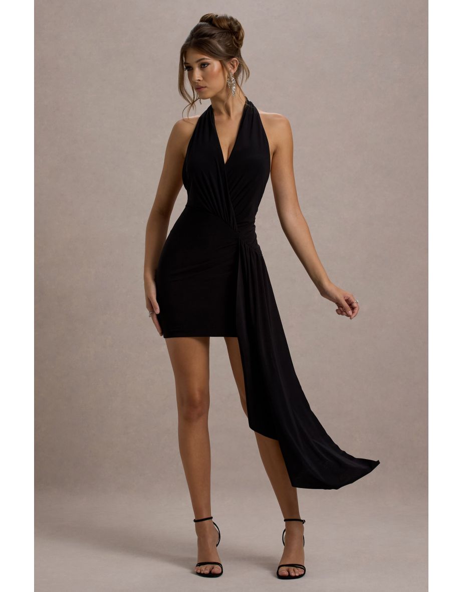 Sidney | Black Plunge-Neck Draped Wrap Mini Dress